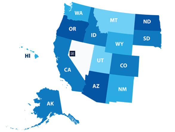 An artist drawing of the Western United states with the states in different shades of blue and the state abbreviations in white letters. The ϱ logo is situated where Reno is located and the background color of ϱ is white.