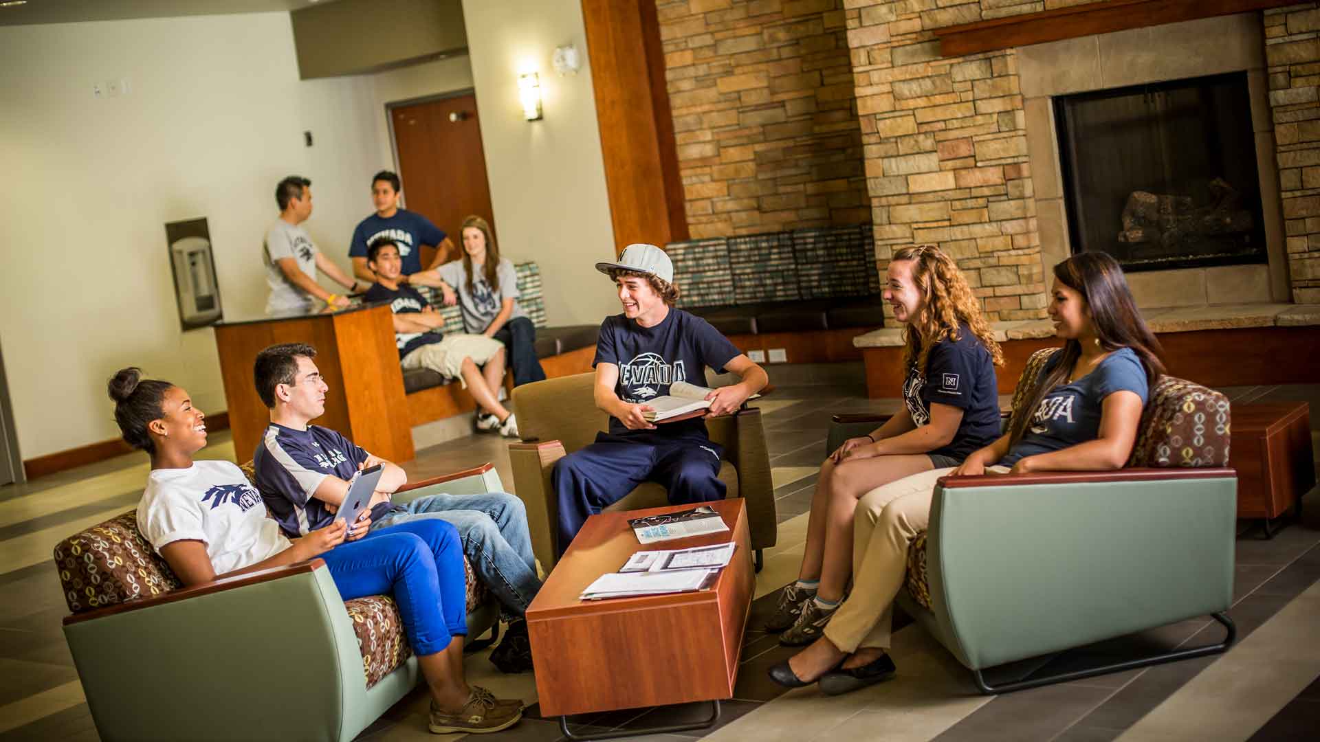 Students in the dorm lounge area