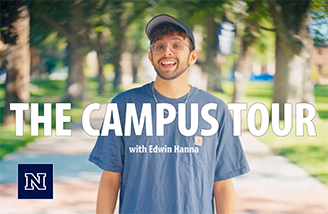 Edwin Hanna poses for a picture on the University of ϱ, Reno quad, with the words "The Campus Tour", his name and the University's block N logo superimposed on the image.